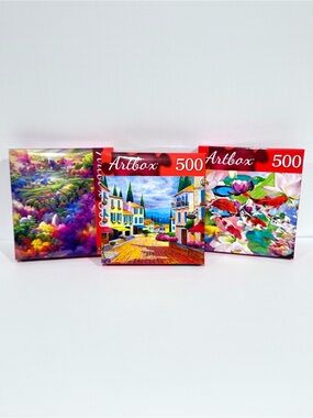 500 Piece Puzzle Bundle Artbox Koi Pond Colorful Forest & Seaside Town